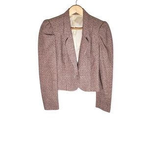 80s Vintage Textured Tweed Taupe Blazer with Puffy Sleeves